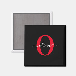 Imán Monograma personalizado Nombre de guión Negro Blan