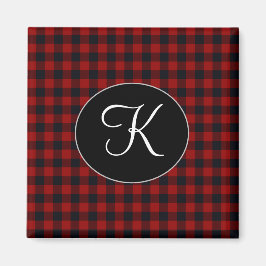 Imán Monograma Personalizado Plaid Búfalo Rojo y Negro