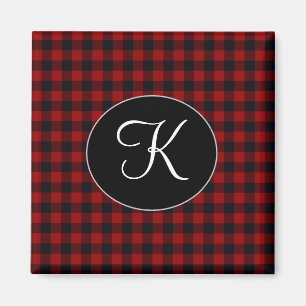 Imán Monograma Personalizado Plaid Búfalo Rojo y Negro