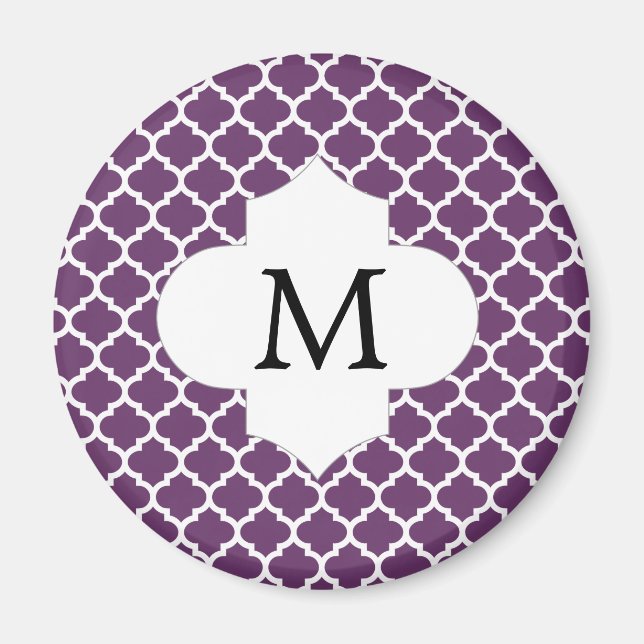 Imán Monograma personalizado Quatrefoil Púrpura y Blanc (Frente)