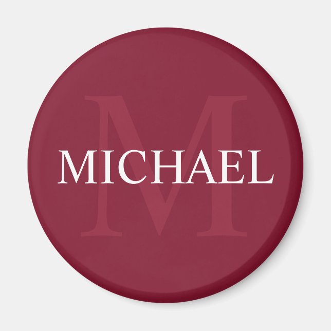 Imán Monograma personalizado y nombre rojo borgoña (Frente)