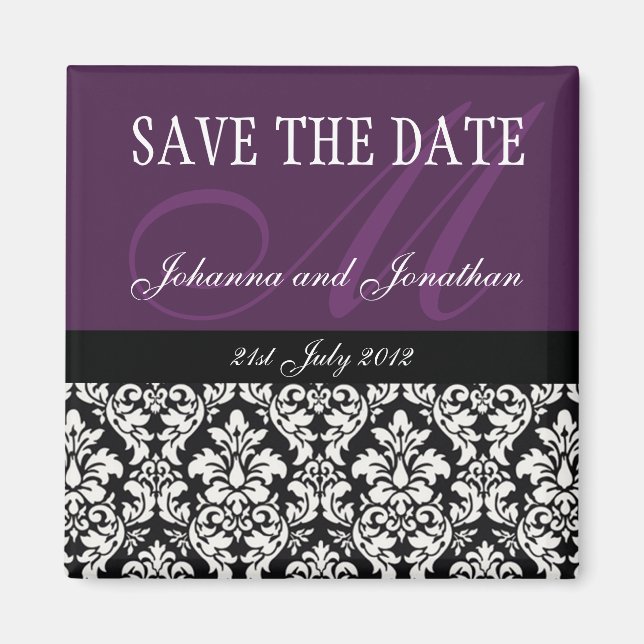 Imán Monograma Purple Damask Save The Date Magnets (Frente)