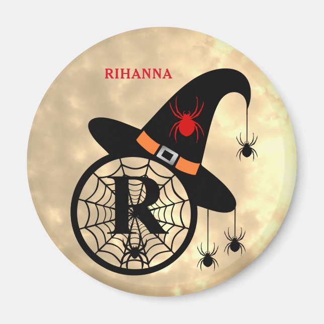 Imán Monograma R Halloween Sky Witch Spider Name (Frente)