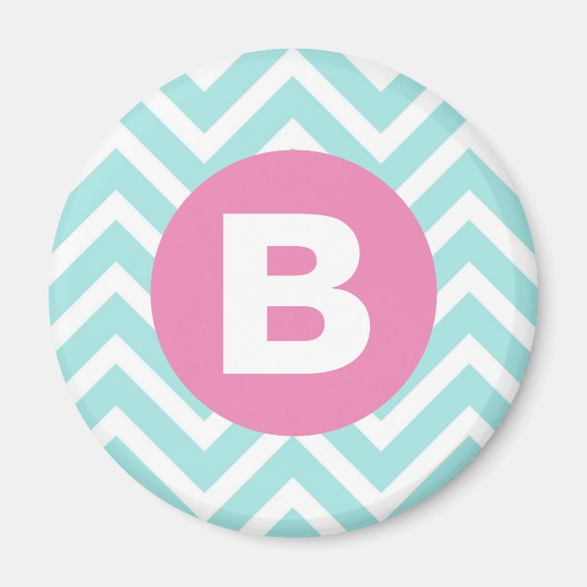 Imán Monograma rosa chevron azul claro de moda (Frente)