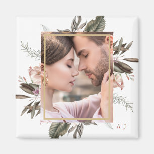 Imán Monograma simple de foto enmarcada botánica