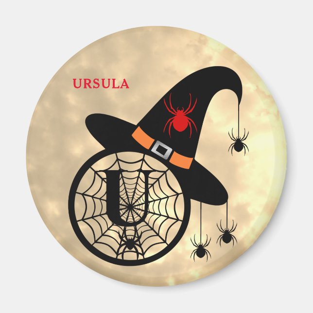 Imán Monograma U Halloween Sky Witch Spider Name (Frente)