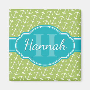 Imán Monograma Verde azulado del patrón de ancla blanca