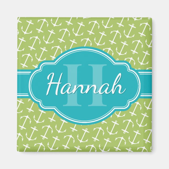 Imán Monograma Verde azulado del patrón de ancla blanca (Frente)