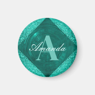 Imán Monograma Verde azulado moderno Purpurina Girly
