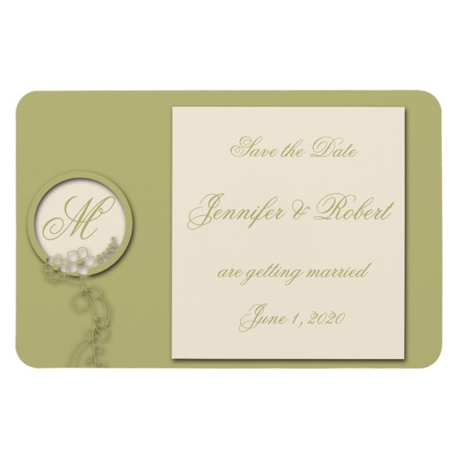 Imán Monograma verde circular y crema Guardar la fecha (Horizontal)