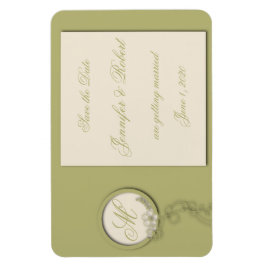 Imán Monograma verde circular y crema Guardar la fecha