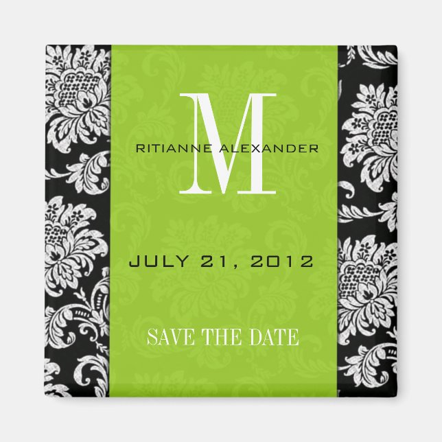 Imán Monograma verde negro Damask Save the Date (Frente)