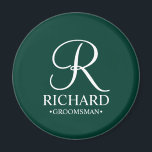 Imán Monograma y nombre del Groomsman personalizado<br><div class="desc">Elegante Regalos Groomsman Personalizados con un monograma personalizado en blanco elegante estilo de letra con el nombre y título del groomsman en estilo clásico serif de tipo de letra color verde esmeralda. También perfecto para el mejor hombre, padre de la novia, dama de honor, chica de flores, madre de la...</div>