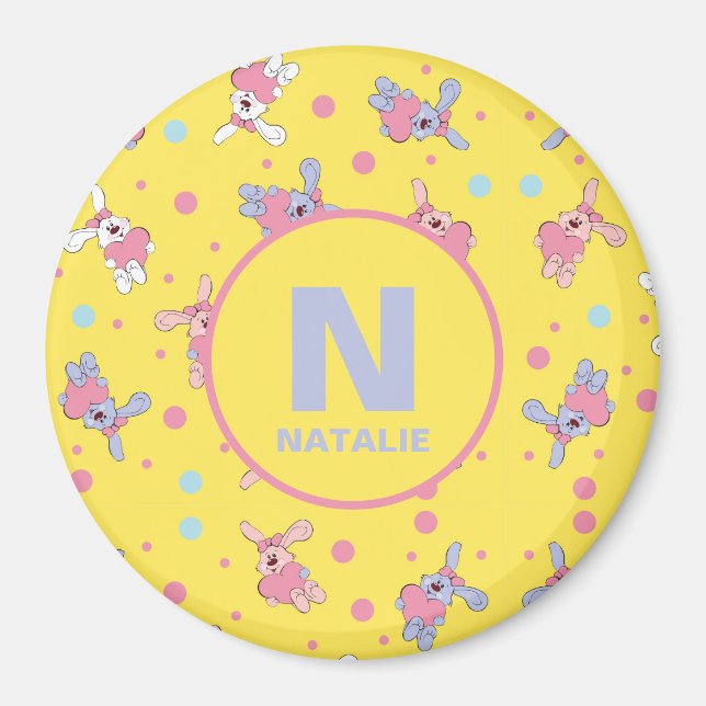Imán Monograma y nombre para niños conejitos en amarill (Frente)