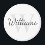 Imán Monograma y nombre personalizados<br><div class="desc">El Monograma personalizado y el Regalo de nombres presentan un nombre personalizado en el estilo de fuente de escritura gris y un monograma en el estilo de fuente serif gris claro como fondo, en el fondo blanco. Perfecto como regalo de vacaciones, favores de reunión familiar y regalo para cualquier ocasión...</div>