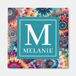 Imán Monogramado de tinte de hippie retro