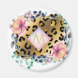 Imán Monogramado rosa rosado de bonito Girly Leopard Pr