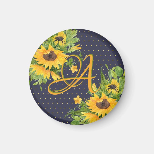 Imán Monogramado Sunflowers Navy decoración azul amaril (Frente)