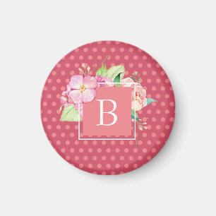 Imán Monogramas Femeninos Puntos Rosados y Floral Coral