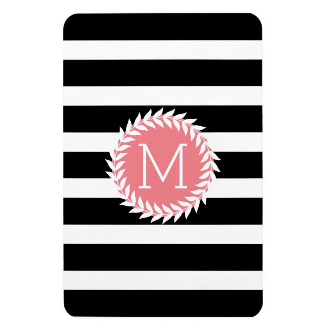 Imán Monogramed Black & White Stripes & White Wreath (Vertical)