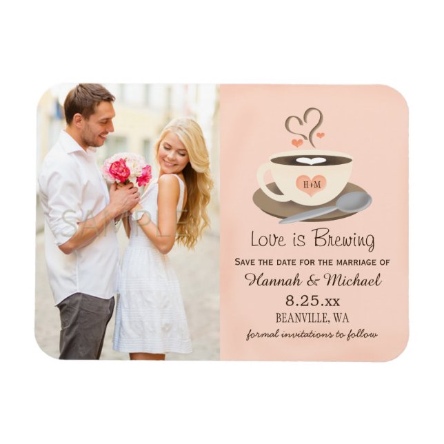 Imán Monogrammed Heart Rubor Coffee Cup Save the Date (Horizontal)