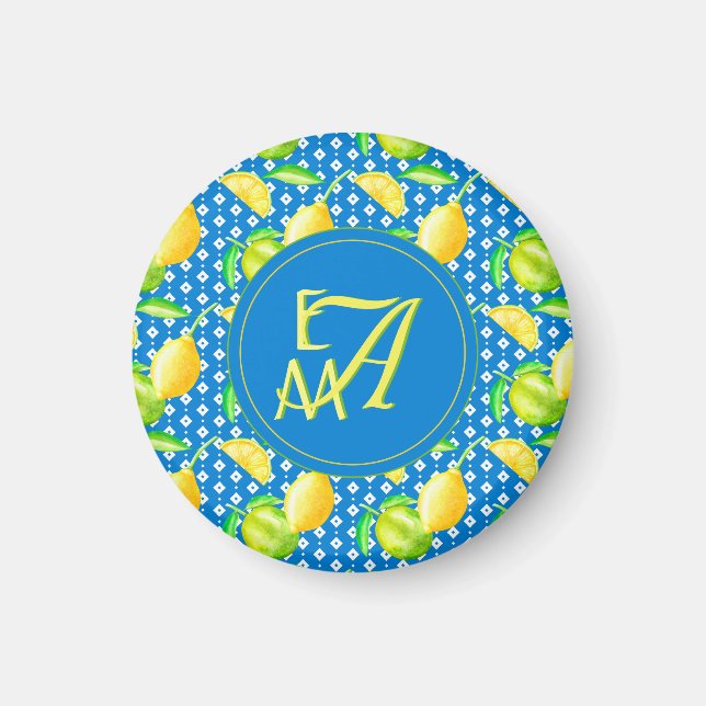 Imán Monogrammed Lemon Tree Azure Blue Newlywed Decor (Frente)