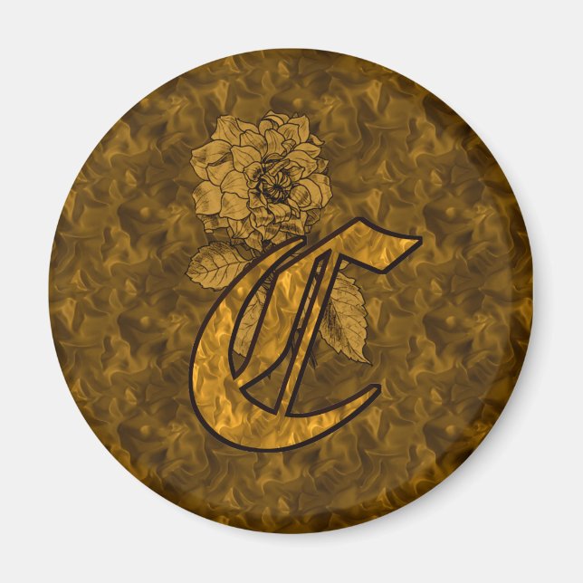 Imán Monogramo inicial C Gold Peony Magnet (Frente)