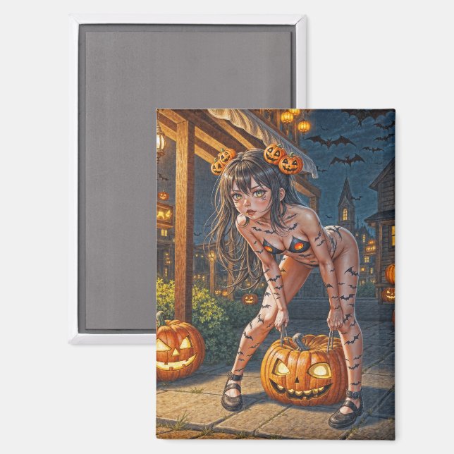 Imán Monstruo de Halloween Jack-o-Lantern y Chica de Ba (Anverso/Reverso)