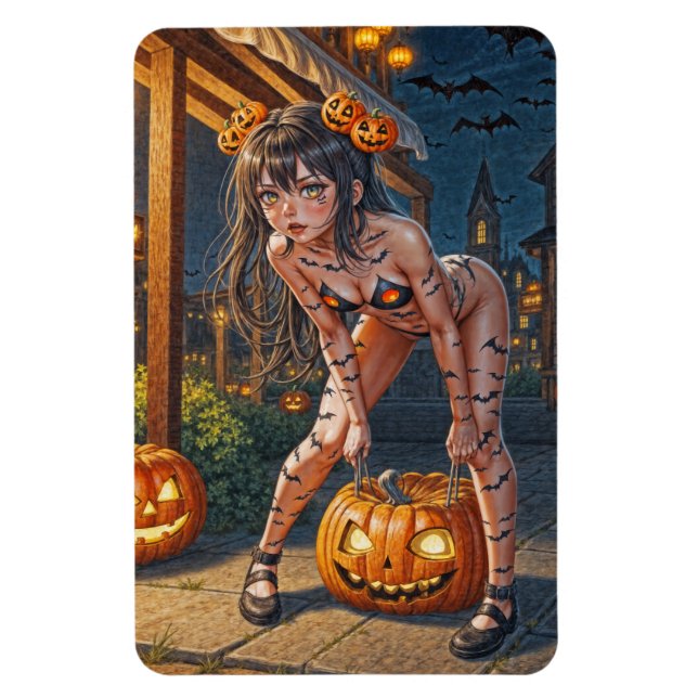Imán Monstruo de Halloween Jack-o-Lantern y chica murci (Vertical)