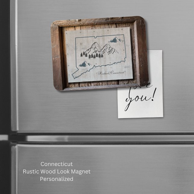 Imán Montañas de marco rústico de madera de Connecticut (Connecticut Rustic Wood magnet. The "wood look" makes this magnet so unique. Personalize it!)