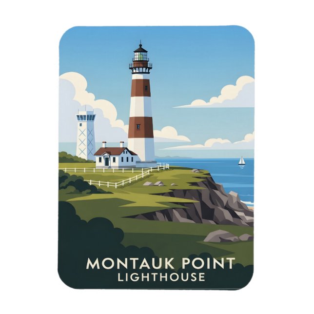 Imán Montauk Point Lighthouse, Coastal Cliff & Sailboat (Vertical)