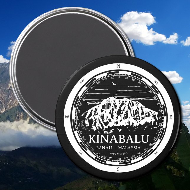 Imán Monte Kinabalu - Ilustracion Ranau Malaysia Sabah (Mount Kinabalu Malaysia Magnet in Back with a white compass and mountain illustration)