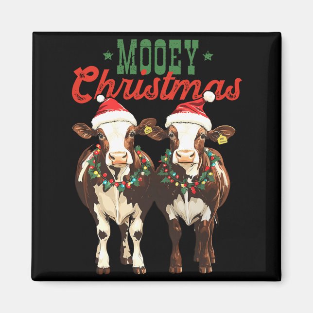 Imán Mooey Christmas Cow With Santa Hats Xmas Lights Me (Frente)