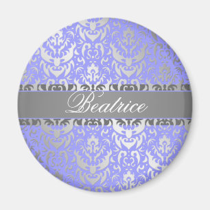 Imán Morado Faux Shimmer Silver Damask con tu nombre