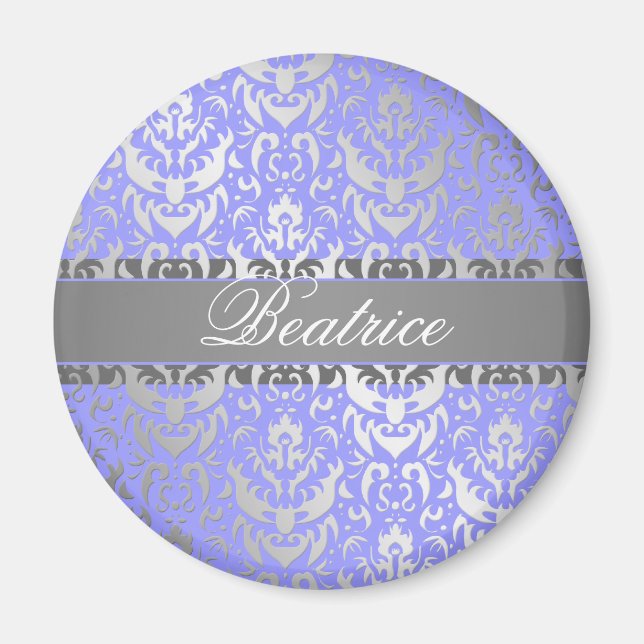 Imán Morado Faux Shimmer Silver Damask con tu nombre (Frente)