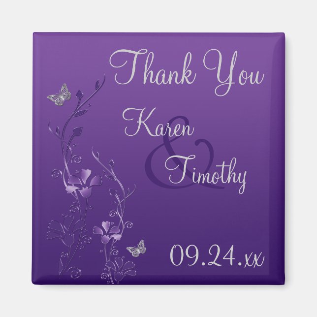 Imán Morado Gris Floral Mariposa Boda Favor Magnet (Frente)