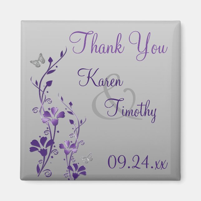 Imán Morado Gris Floral Mariposa Boda Favor Magnet (Frente)