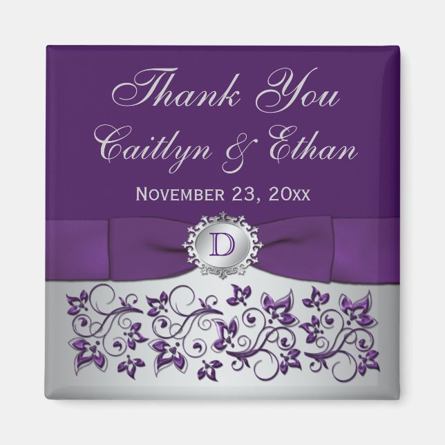 Imán Morado, Plata Gray Floral Wedding Favor Magnet (Frente)