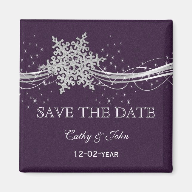 Imán Morple Silver Snowflakes Winter Save the Date (Frente)