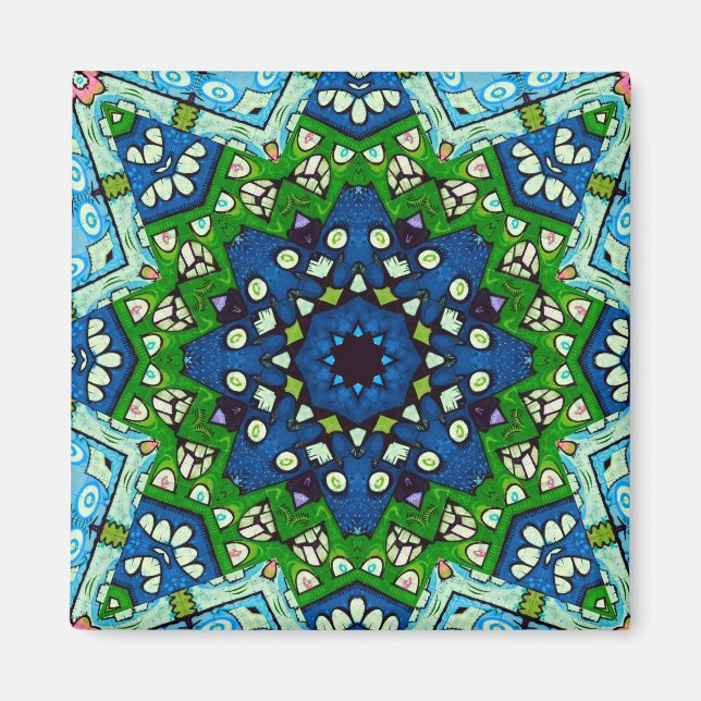 Imán Mosaic Blue Green Hippie Boho Mandala (Frente)