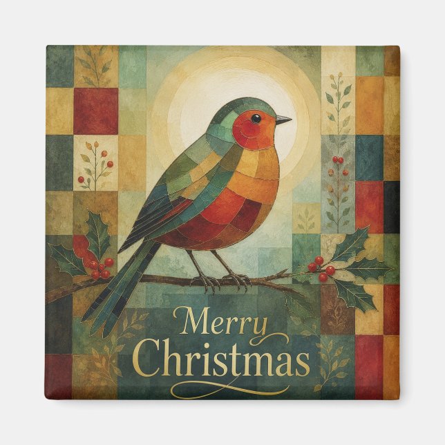 Imán Mosaico de Navidad Robin Pájaro Acebo Baya  (Frente)