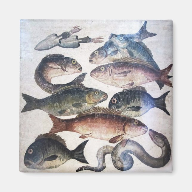 IMÁN MOSAICOS ROMANOS ANTIGUOS, PESCADOS, ESCENA DE VID (Frente)