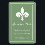 Imán Moss Green Fleur de Lis Save the Date Magnet<br><div class="desc">Elegant and simple save the date flexi magnet featuring a fleur de lis against a moss green background. This design is a unique choice for announcing a modern wedding. Easy to customize with your wedding details. Click "Customize It" to find more personalization options.</div>