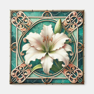 Imán Motivo de flor de Lirio Blanco Art Nouveau