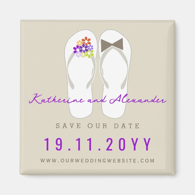 Imán Mr. & Mrs. Flip Flops Beach Wedding Save The Date (Frente)