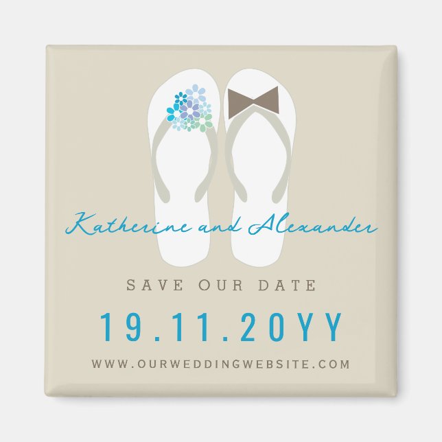 Imán Mr. & Mrs. Flip Flops Beach Wedding Save The Date (Frente)