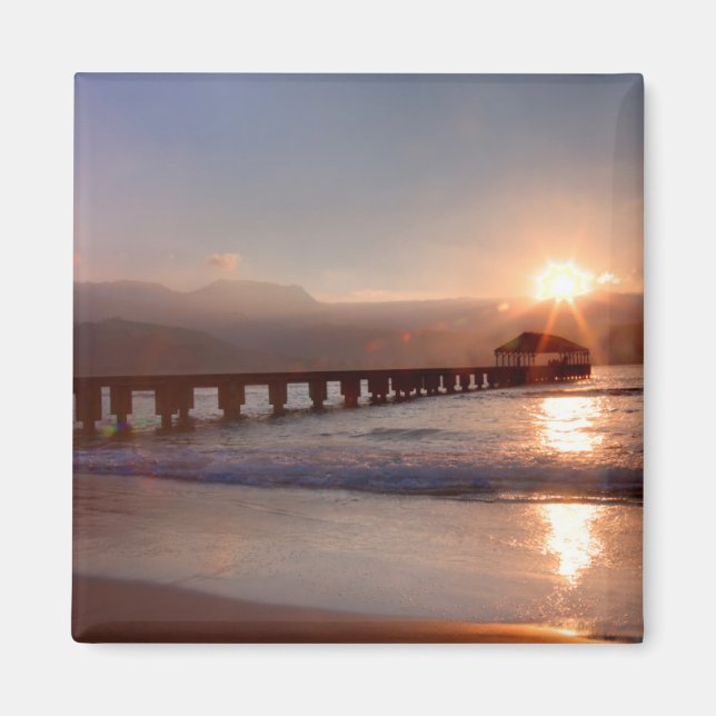 Imán Muelle de playa al atardecer, Hawaii (Frente)