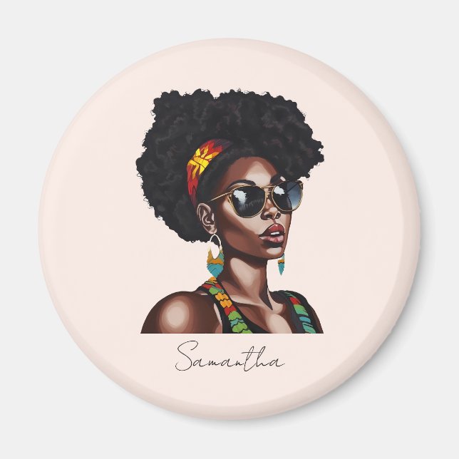 Imán Mujer afroamericana con gafas de sol de Moda (Frente)