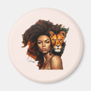 Imán Mujer afroamericana con león majestuoso
