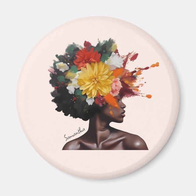 Imán Mujer afroamericana con pelo afro floral (2) (Frente)